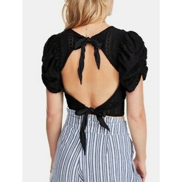 Free People Women’s Black Star Struck Tee Eyelet Open Back Crop Top Sz XS - Picture 4 of 11